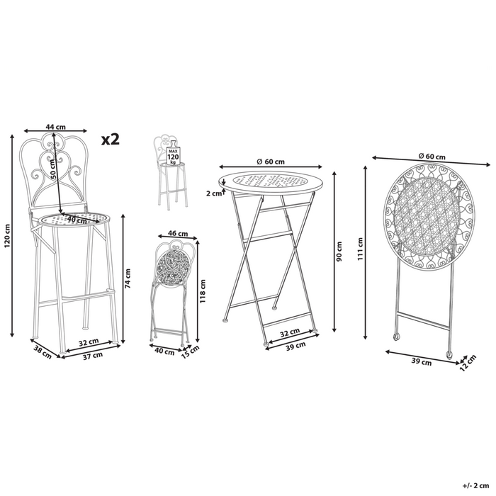 Set bar da giardino Beige Chiaro Ferro pieghevole Metallo afflitto 2 sedie Tavolo all'aperto Resistenza alla ruggine UV Stile retrò francese