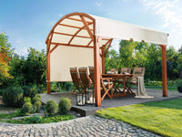 Pergola in legno bianco sporco Tetto in tessuto Telaio in legno 303 x 300 cm Padiglione da giardino moderno industriale