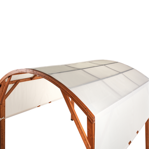 Pergola in legno bianco sporco Tetto in tessuto Telaio in legno 303 x 300 cm Padiglione da giardino moderno industriale