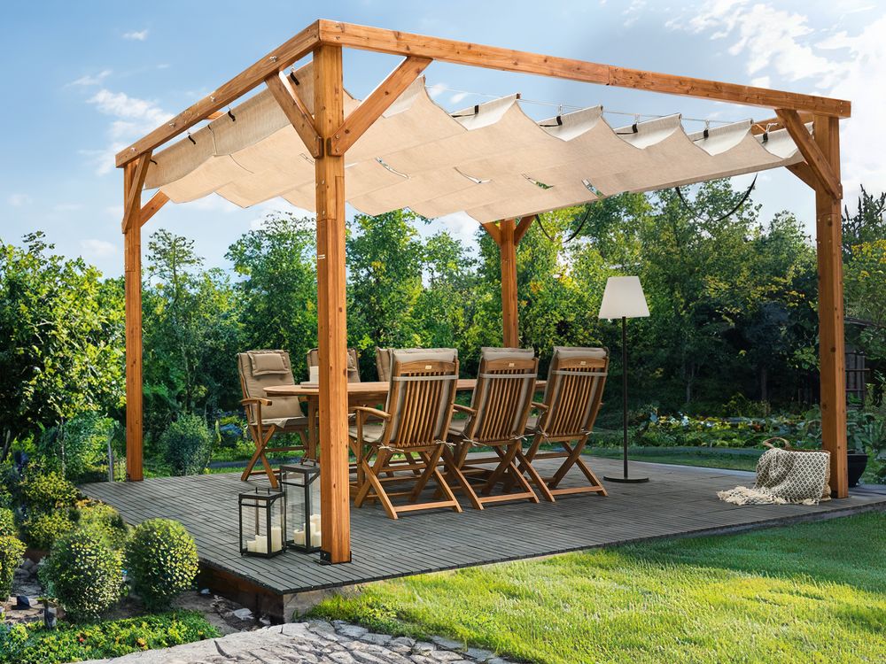 Pergola Beige Tessuto Costruzione in legno di abete 320 x 380 cm Tessuto Ombra pieghevole Struttura in legno Padiglione da giardino