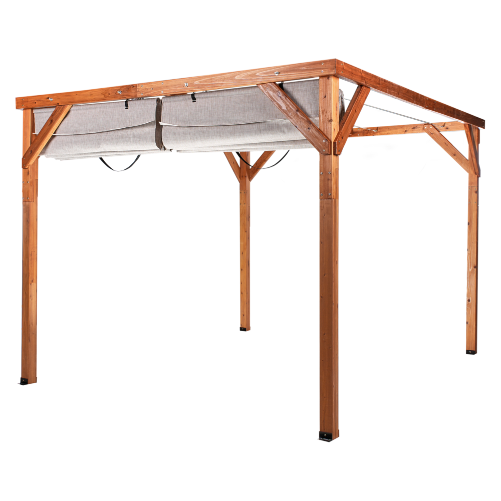 Pergola Beige Tessuto Costruzione in legno di abete 320 x 380 cm Tessuto Ombra pieghevole Struttura in legno Padiglione da giardino