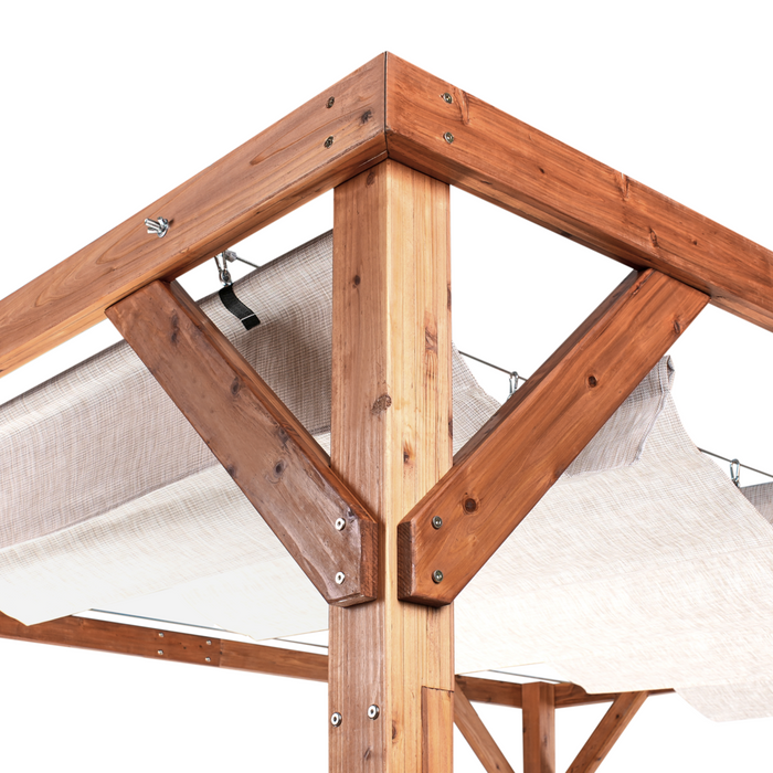 Pergola Beige Tessuto Costruzione in legno di abete 320 x 380 cm Tessuto Ombra pieghevole Struttura in legno Padiglione da giardino