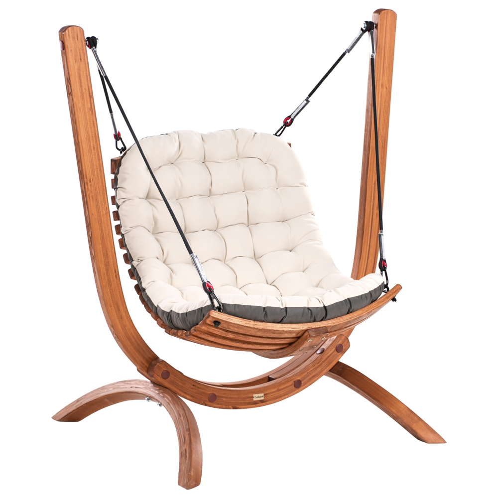 Sedia a dondolo da giardino in legno di larice marrone e beige chiaro, imbottita in tessuto di poliestere e arredata in stile rustico