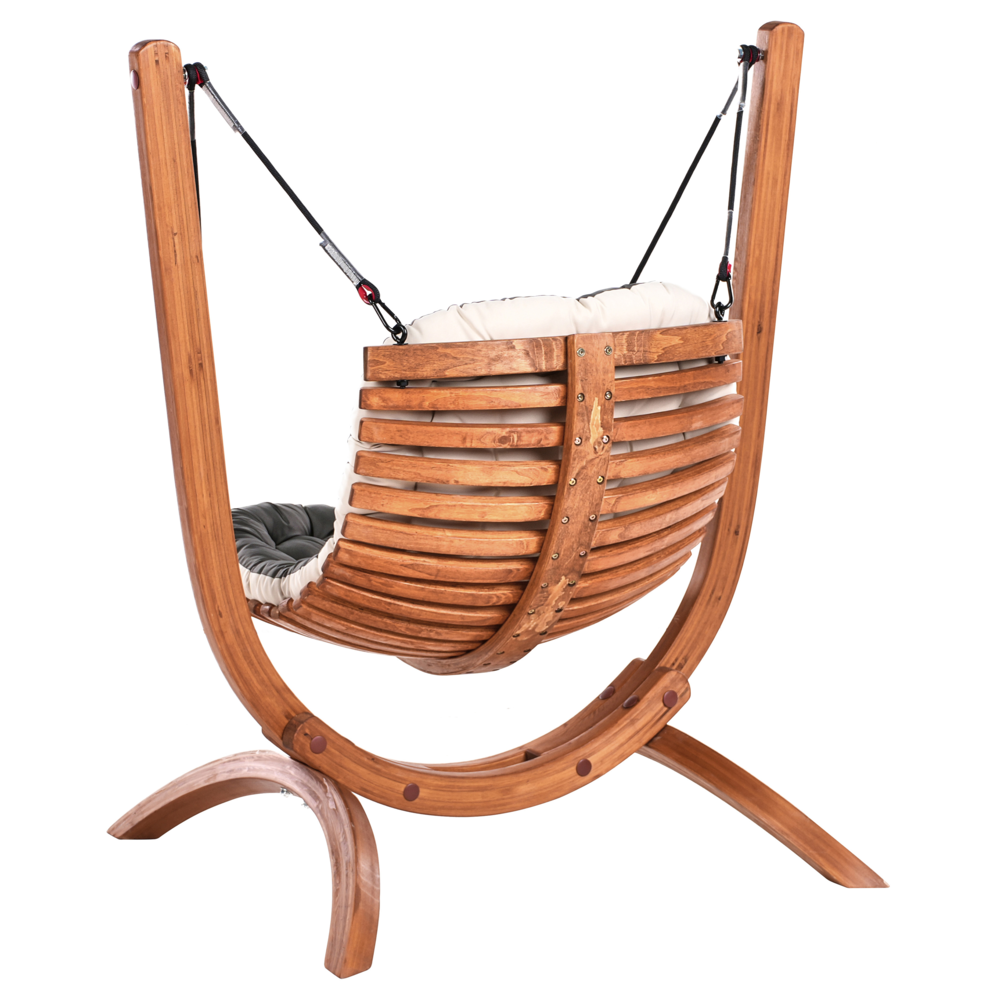 Sedia a dondolo da giardino in legno di larice marrone e beige chiaro, imbottita in tessuto di poliestere e arredata in stile rustico