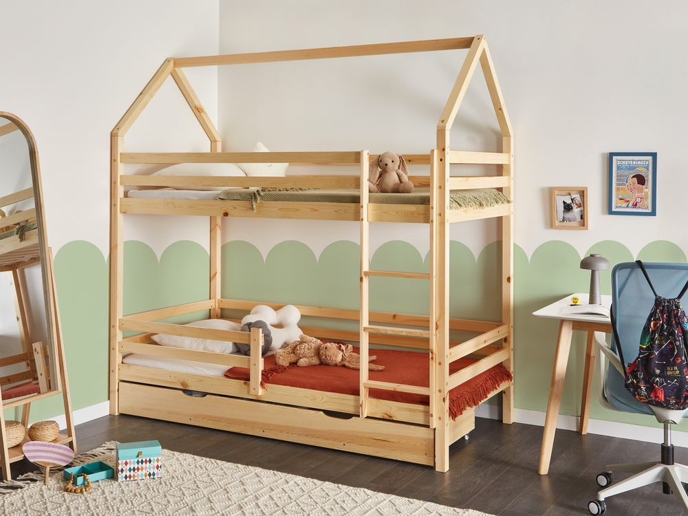 Letto a castello doppio con contenitore in legno di pino marrone chiaro UE dimensioni singole 90 x 200 cm Bambini Camera da letto per bambini