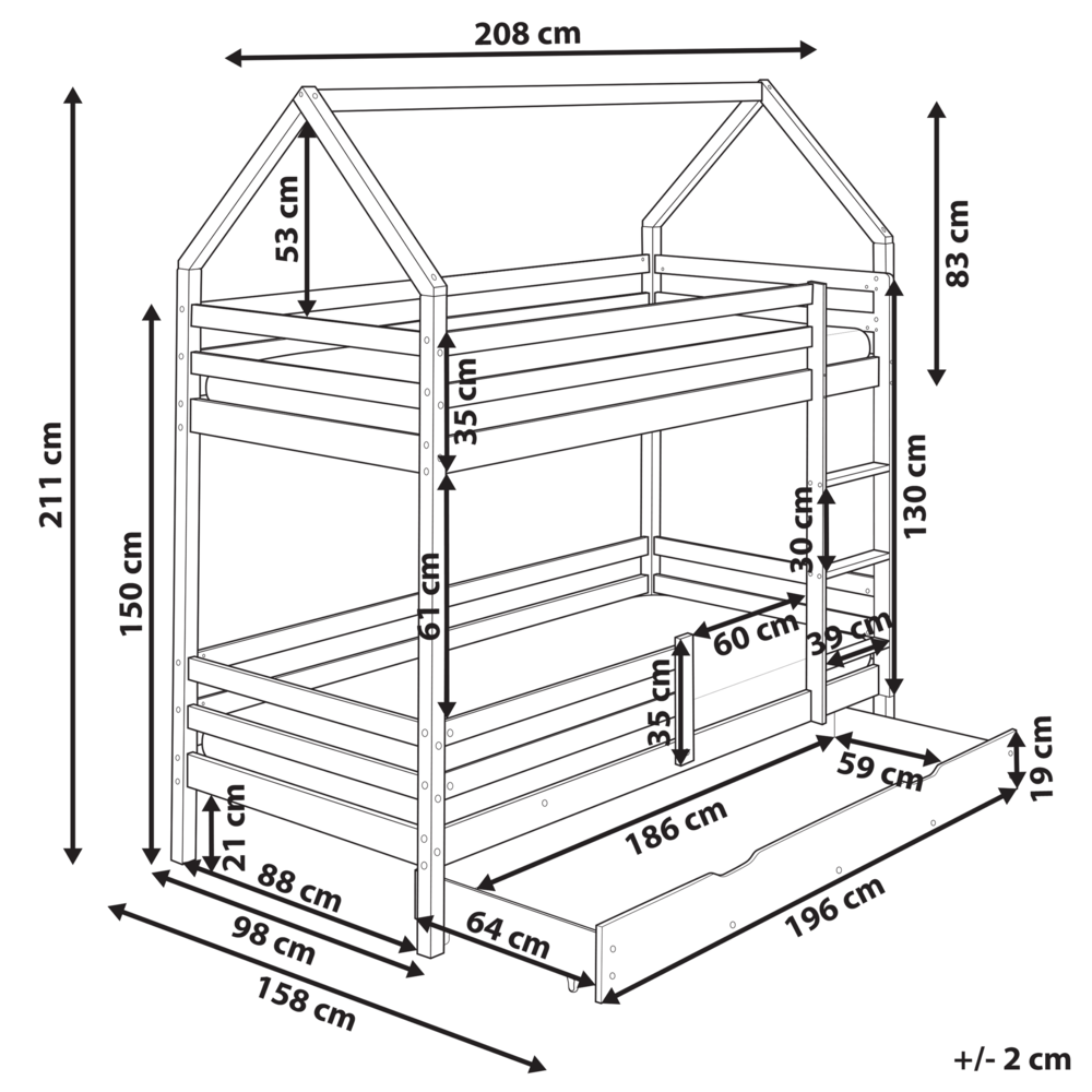 Letto a castello doppio con contenitore in legno di pino marrone chiaro UE dimensioni singole 90 x 200 cm Bambini Camera da letto per bambini