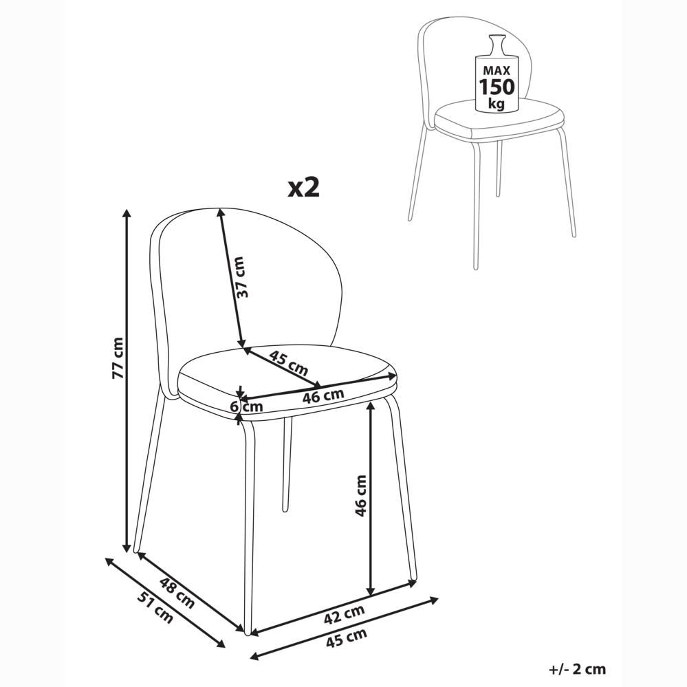 Set di 2 sedie da pranzo imbottite Beige senza braccioli Base in metallo Design retrò