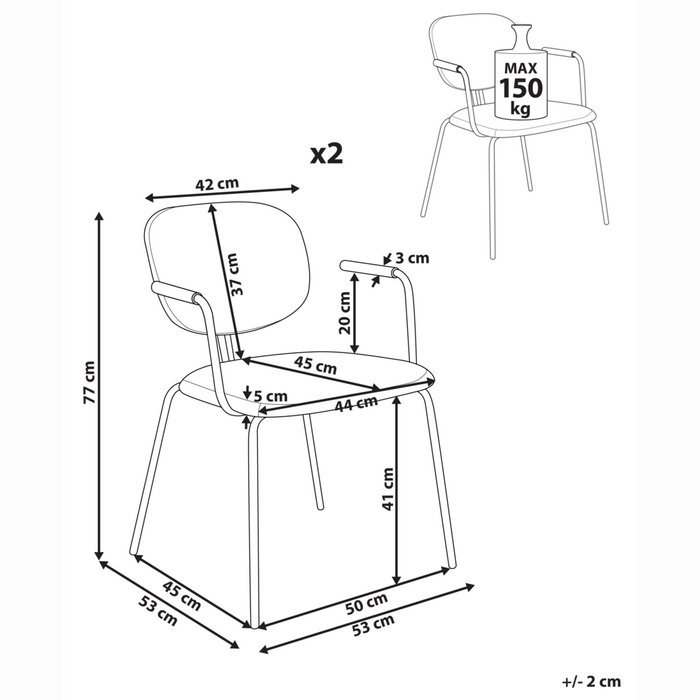 Set di 2 sedie da pranzo imbottite beige chiaro con braccioli e base metallica design moderno