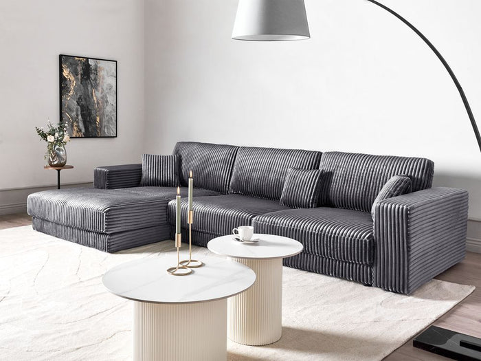 Divano angolare lato destro in tessuto imbottito in grigio scuro chiaro 4 posti Stile moderno minimalista