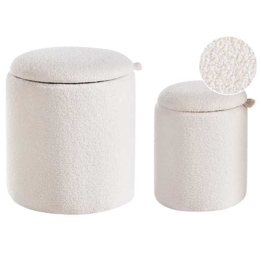 Set di 2 pouf contenitore, rivestiti in tessuto bouclé bianco sporco design rotondo e imbottito Ottomani moderni