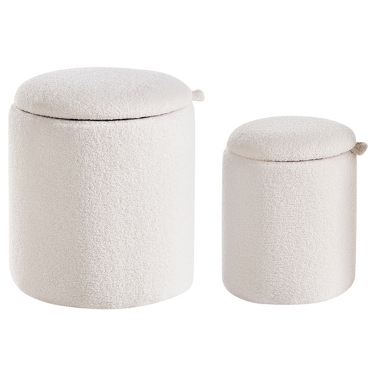 Set di 2 pouf contenitore, rivestiti in tessuto bouclé bianco sporco design rotondo e imbottito Ottomani moderni