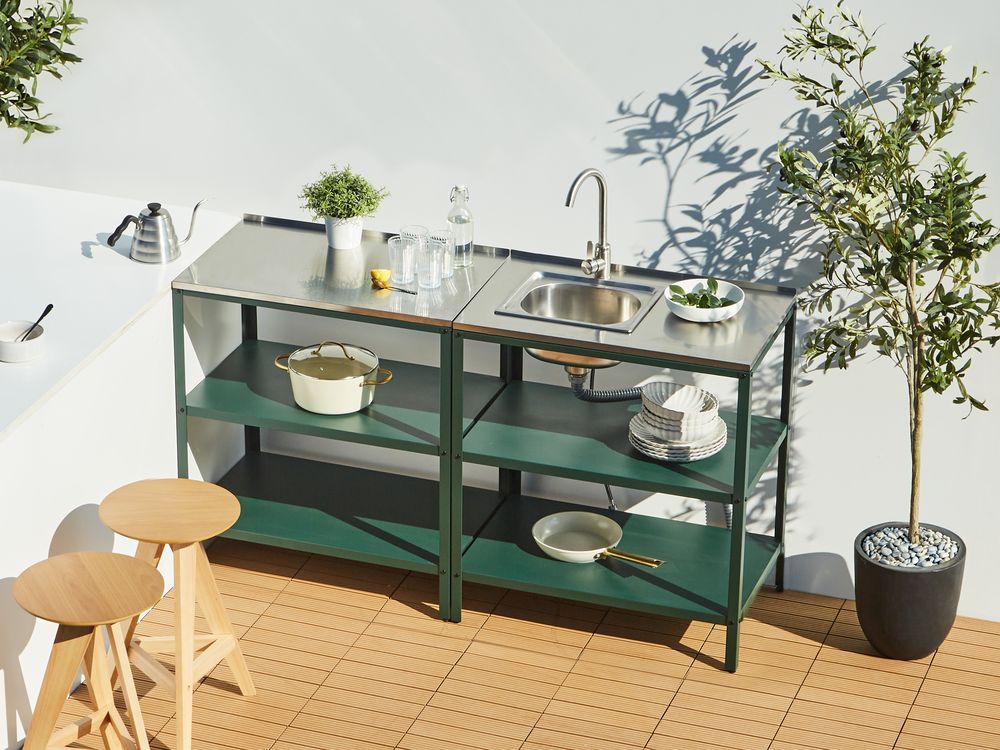 Isola da esterno in acciaio inox verde 80 x 50 x 92 cm 2 ripiani con top Cucina da giardino da pranzo