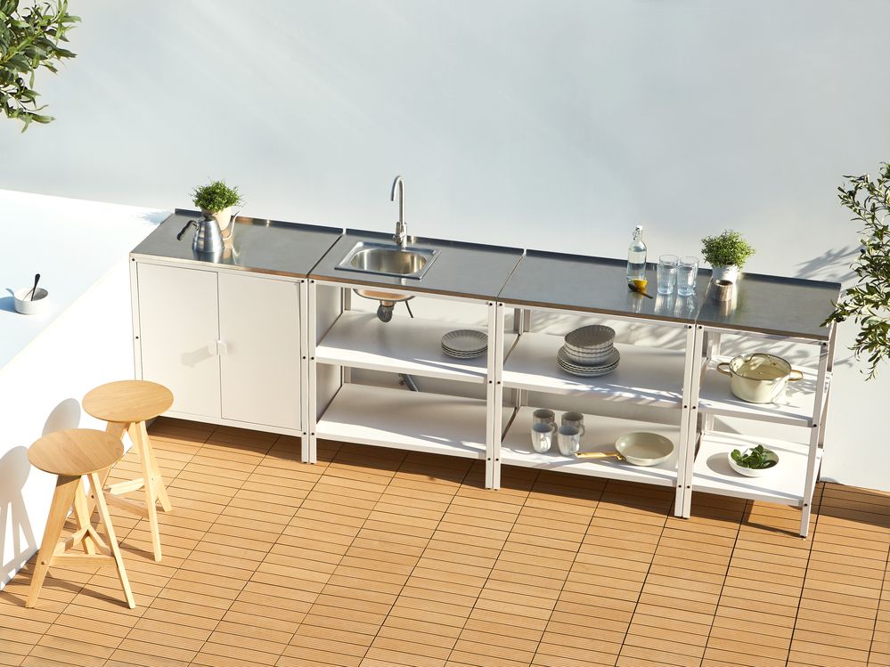 Set cucina da esterno 4 elementi in acciaio inox bianco 3 armadietti lavello a leva cucina da esterno