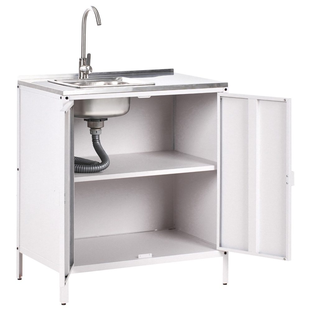 Set cucina da esterno 4 elementi in acciaio inox bianco 2 armadietti da cucina 2 console portaoggetti con lavello cucina da esterno