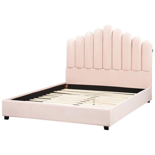 Letto matrimoniale velluto rosa 140 x 200 cm testata alta a conchiglia stile retrò