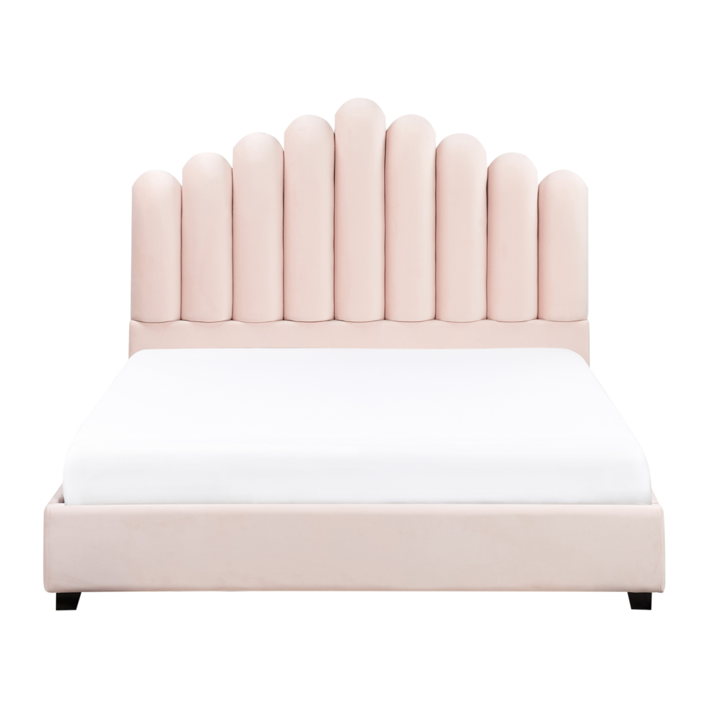 Letto matrimoniale velluto rosa 140 x 200 cm testata alta a conchiglia stile retrò