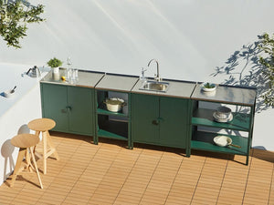 Set cucina da esterno 4 elementi in acciaio inox verde 2 armadietti da cucina 2 console portaoggetti con lavello cucina da esterno