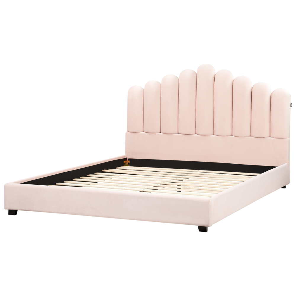 Letto matrimoniale velluto rosa 180 x 200 cm testata alta a conchiglia stile retrò
