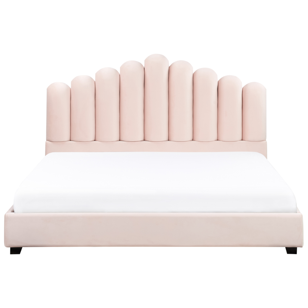 Letto matrimoniale velluto rosa 180 x 200 cm testata alta a conchiglia stile retrò