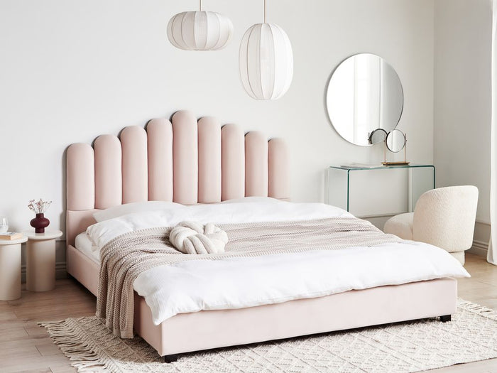 Letto matrimoniale ad acqua in velluto rosa pastello 180 x 200 cm testata alta a conchiglia stile classico retrò