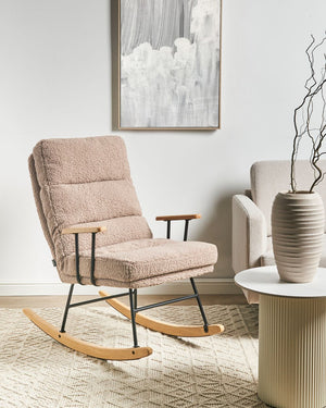 Sedia a dondolo Rivestimento in Boucle beige sporco Gambe in legno e gomma Schienale reclinabile Soggiorno