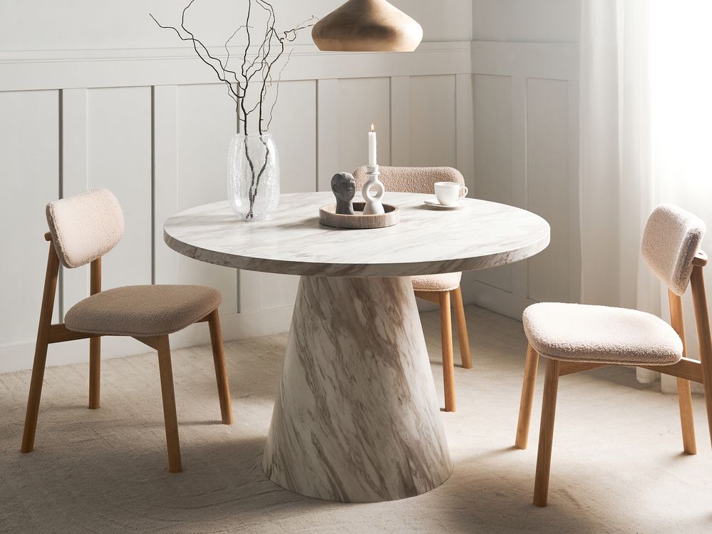 Tavolo da pranzo rotondo con piedistallo ⌀ 120 base effetto marmo bianco stile tradizionale