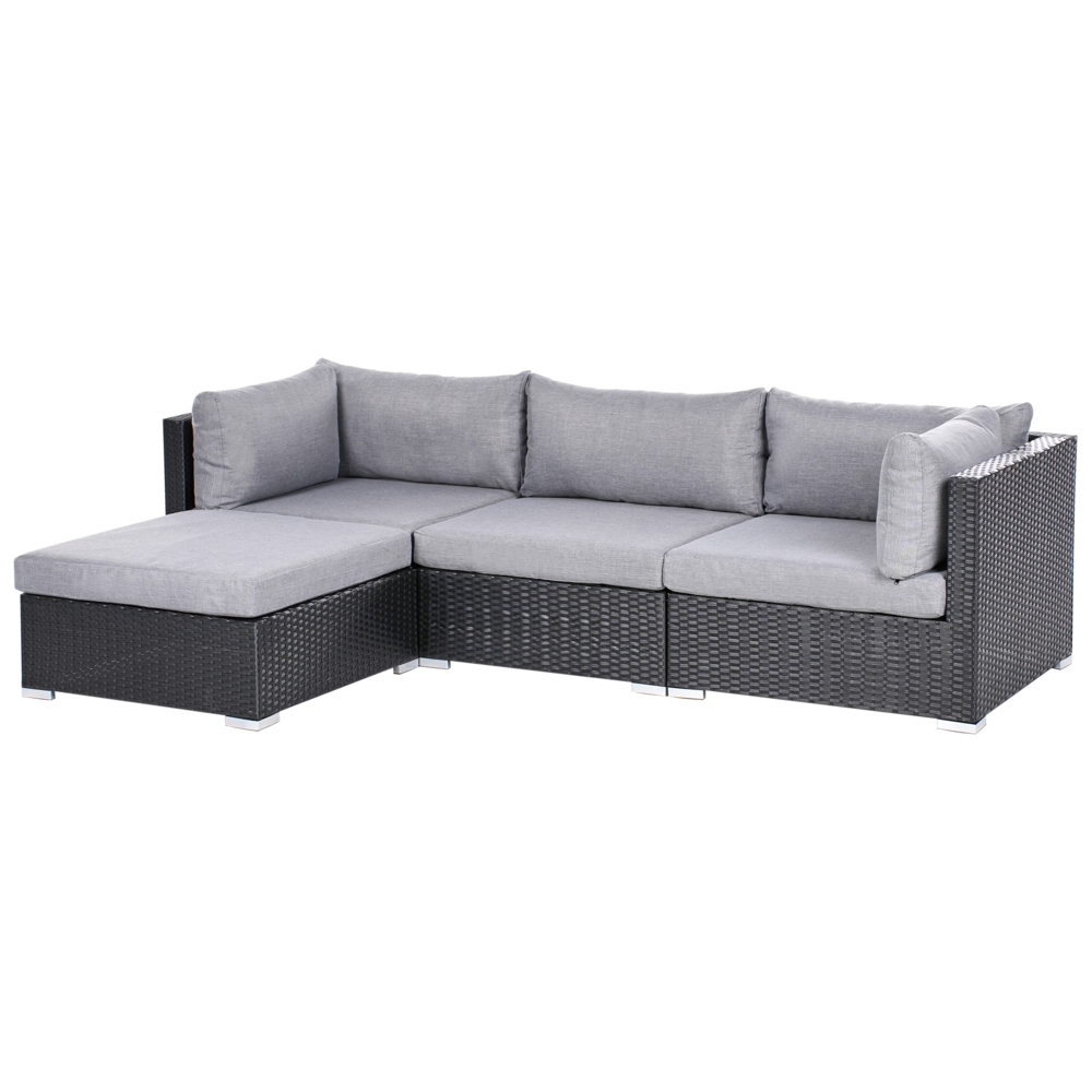 Set di divani da giardino a 2 pezzi nero con cuscini grigi Tavolino d'angolo a 5 posti