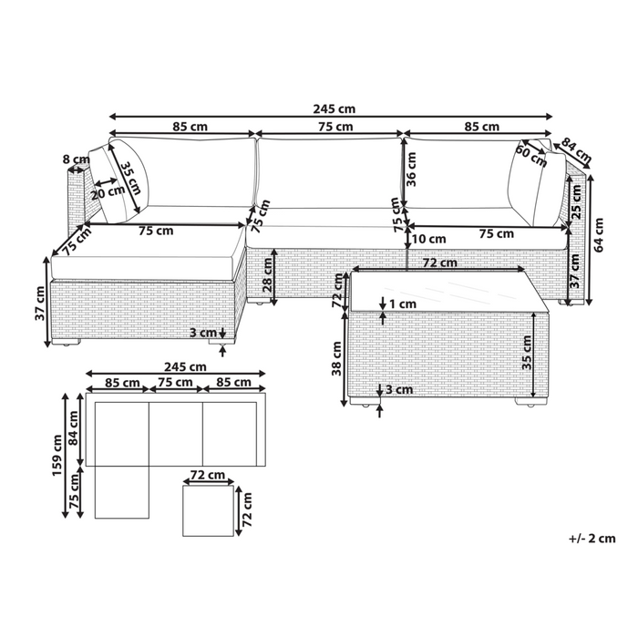 Set di divani da giardino a 2 pezzi nero con cuscini grigi Tavolino d'angolo a 5 posti