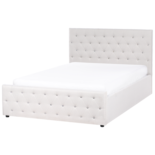 Letto matrimoniale imbottito in poliestere beige con testata imbottita con pouf 140 x 200 cm testiera doppia trapuntata