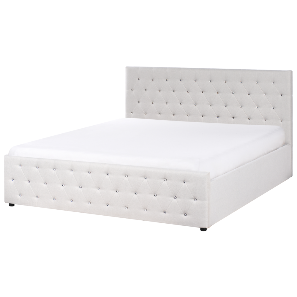 Letto matrimoniale imbottito in poliestere beige con testata imbottita con pouf 180 x 200 cm testiera doppia trapuntata