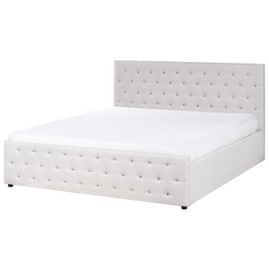 Letto matrimoniale imbottito in poliestere beige con testata imbottita con pouf 180 x 200 cm testiera doppia trapuntata