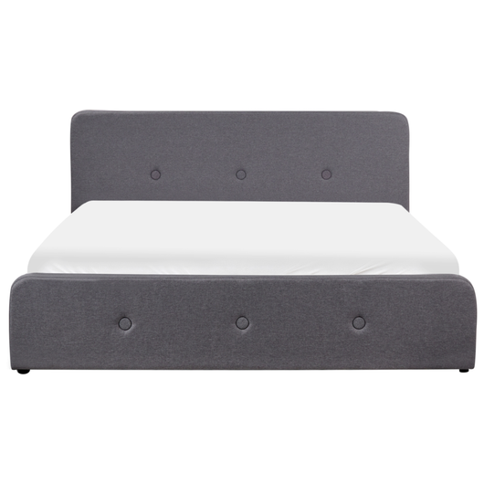 Letto a doghe Tessuto in poliestere grigio scuro Gambe in legno imbottite Pouf contenitore 180 x 200 cm Design moderno