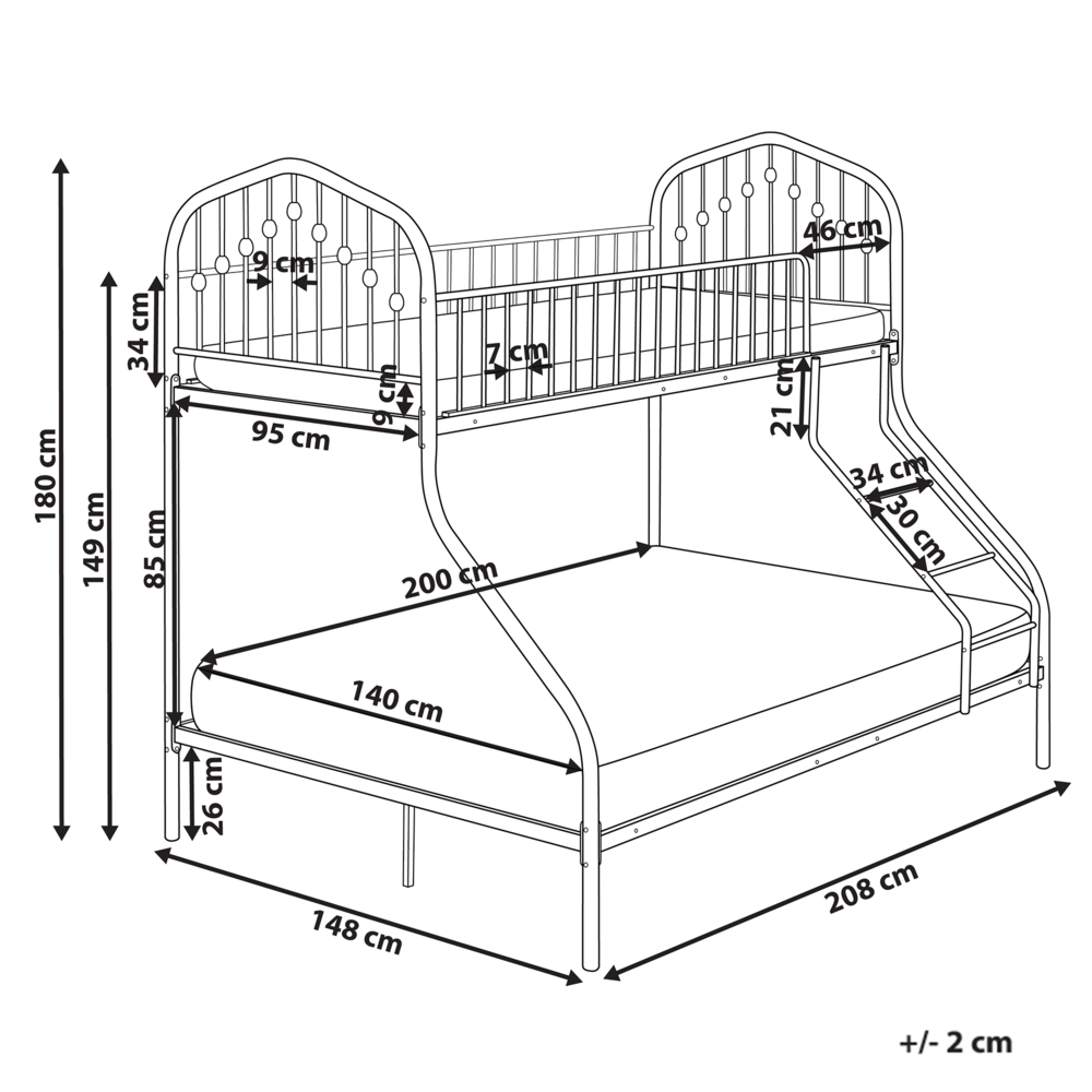 Letto a castello Singolo su Doppio Telaio in ferro Nero cameretta per bambini
