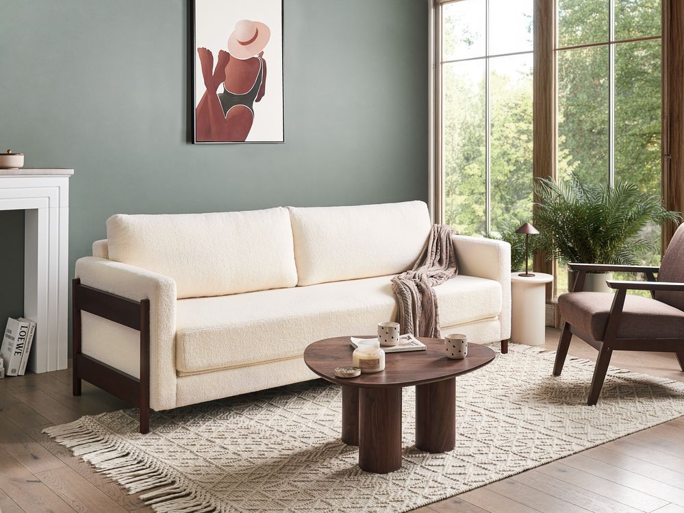 Divano letto in tessuto bianco e legno di betulla gambe marrone scuro Soggiorno Camera da letto