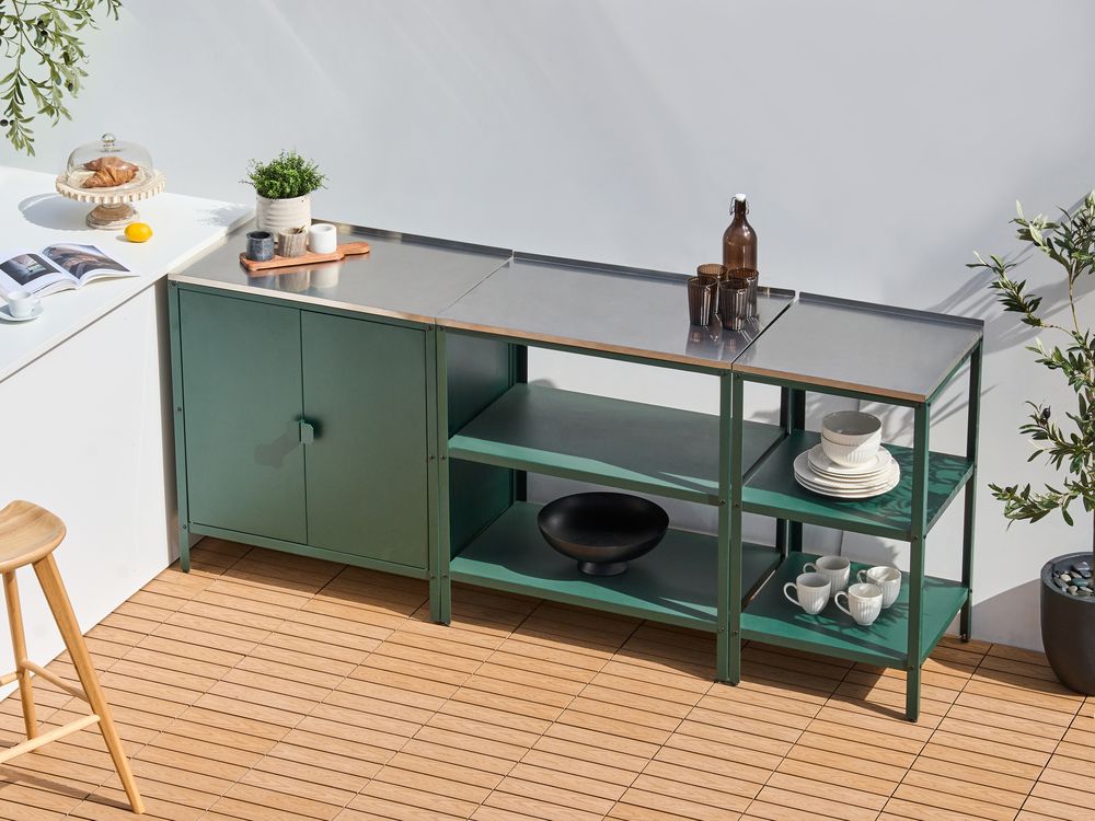 Set cucina da esterno 3 elementi acciaio inox verde 2 armadietti portaoggetti stazione da cucina esterna