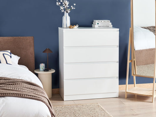 Cassettiera in truciolato bianco 4 cassetti 100 x 80 cm Soggiorno Camera da letto Corridoio Design scandinavo