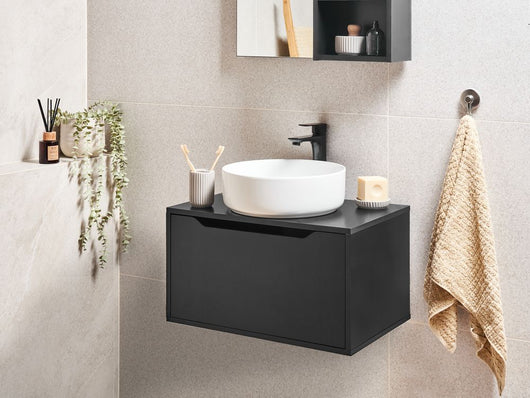 Mobile da lavabo a parete per il bagno Pannello di particelle nero Fori pretagliati per lavabo