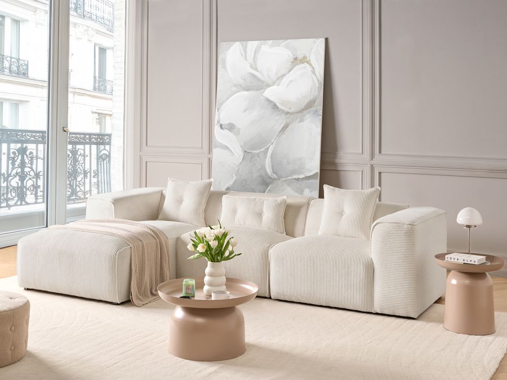 Divano Angolare Lato destro in Velluto Bianco sporco con Cuscini stile Moderno