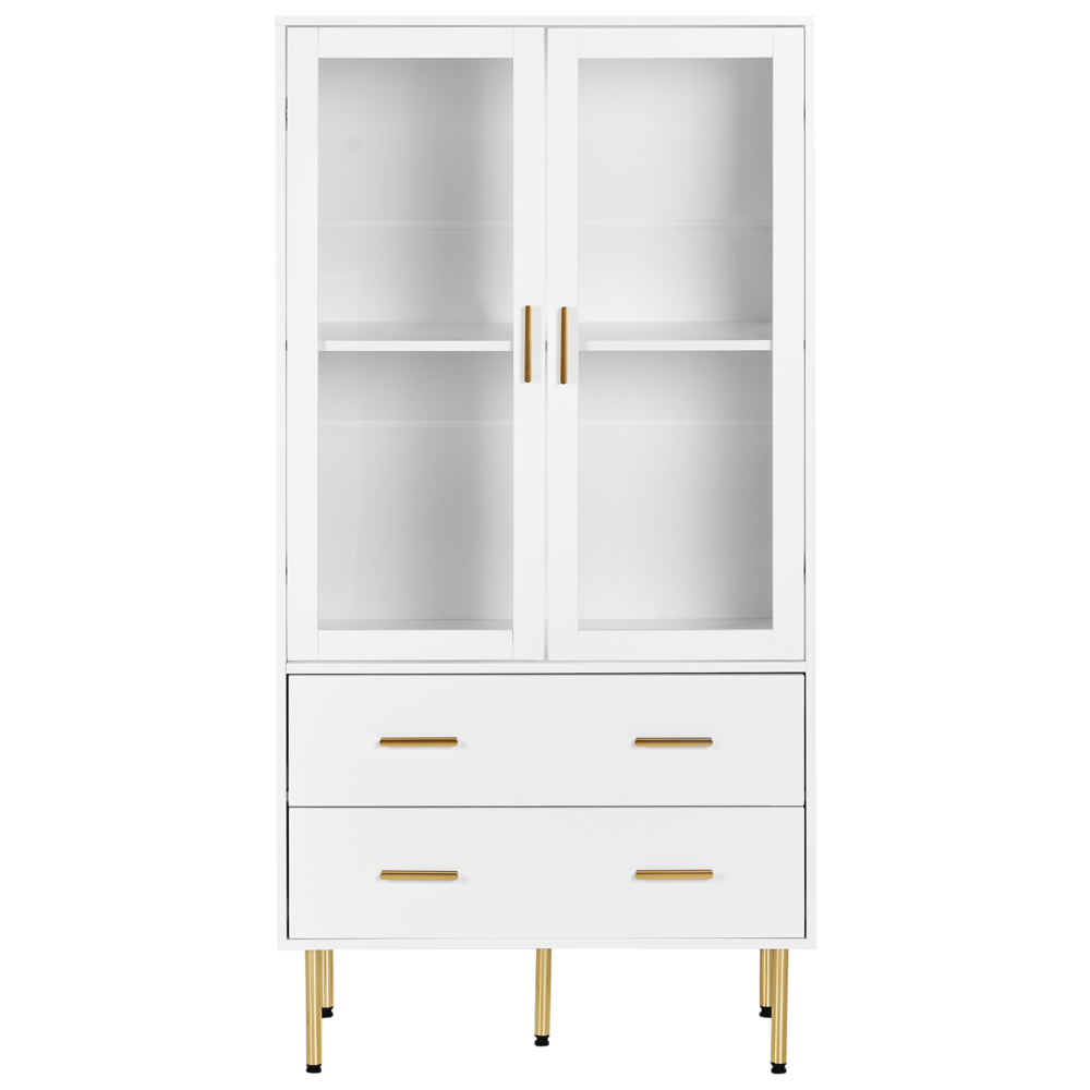 Vetrinetta in MDF bianco con ante in vetro e 2 cassetti Accenti dorati