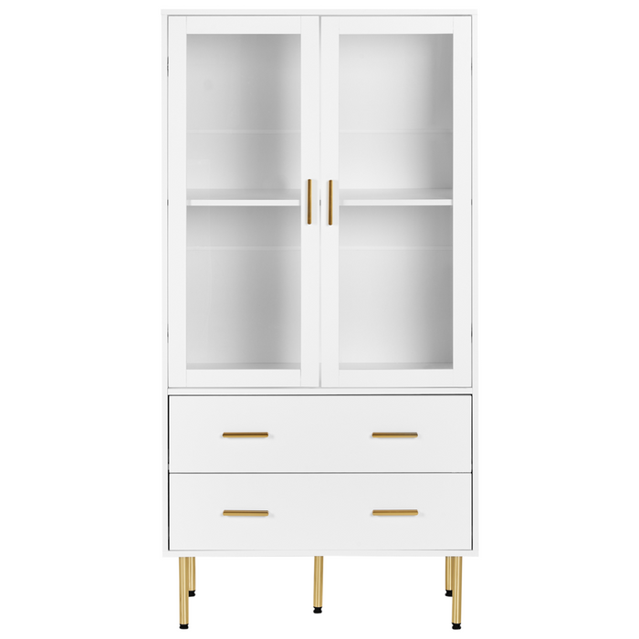 Vetrinetta in MDF bianco con ante in vetro e 2 cassetti Accenti dorati
