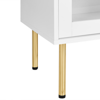 Credenza in MDF bianco con ante in vetro e 2 cassetti Accenti dorati