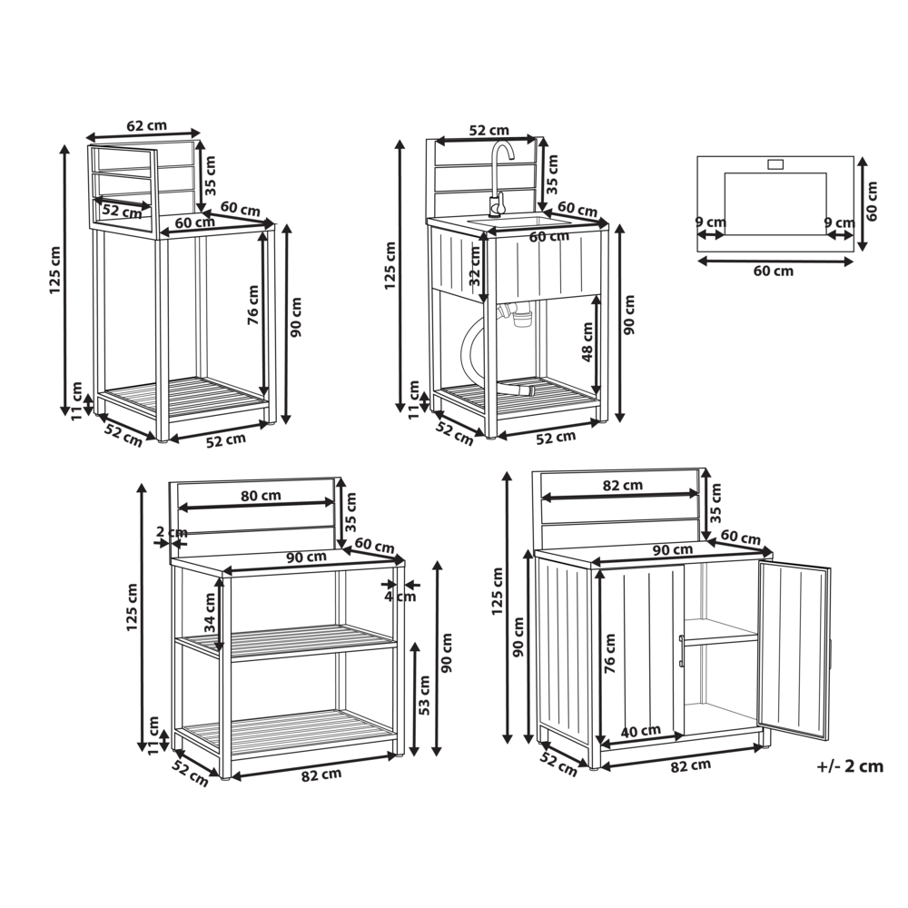 Set di 4 pezzi per cucina all'aperto Grigio Alluminio Armadio di stoccaggio Isola Lavello Stazione di cucina all'aperto