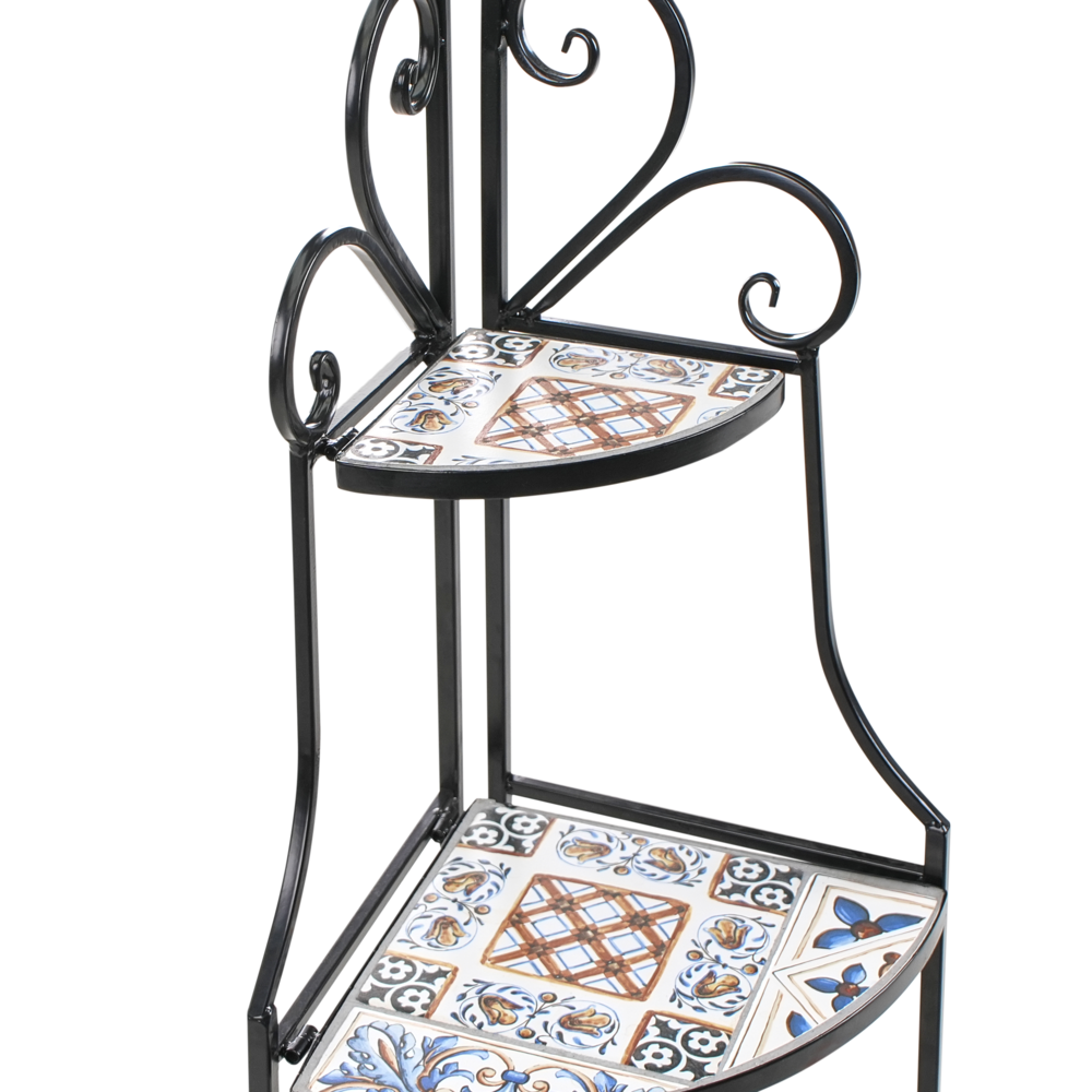 Scaffale angolare da giardino Ferro nero Piastrelle di ceramica Scala pieghevole Scaffale all'aperto