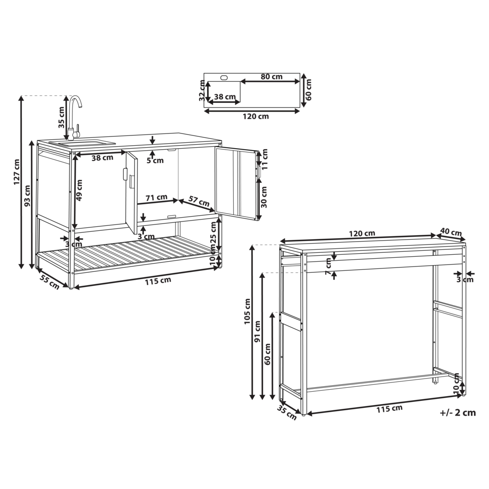 Armadietto da giardino in acciaio a 3 ante con piano in acciaio inox nero giardino cucina esterno