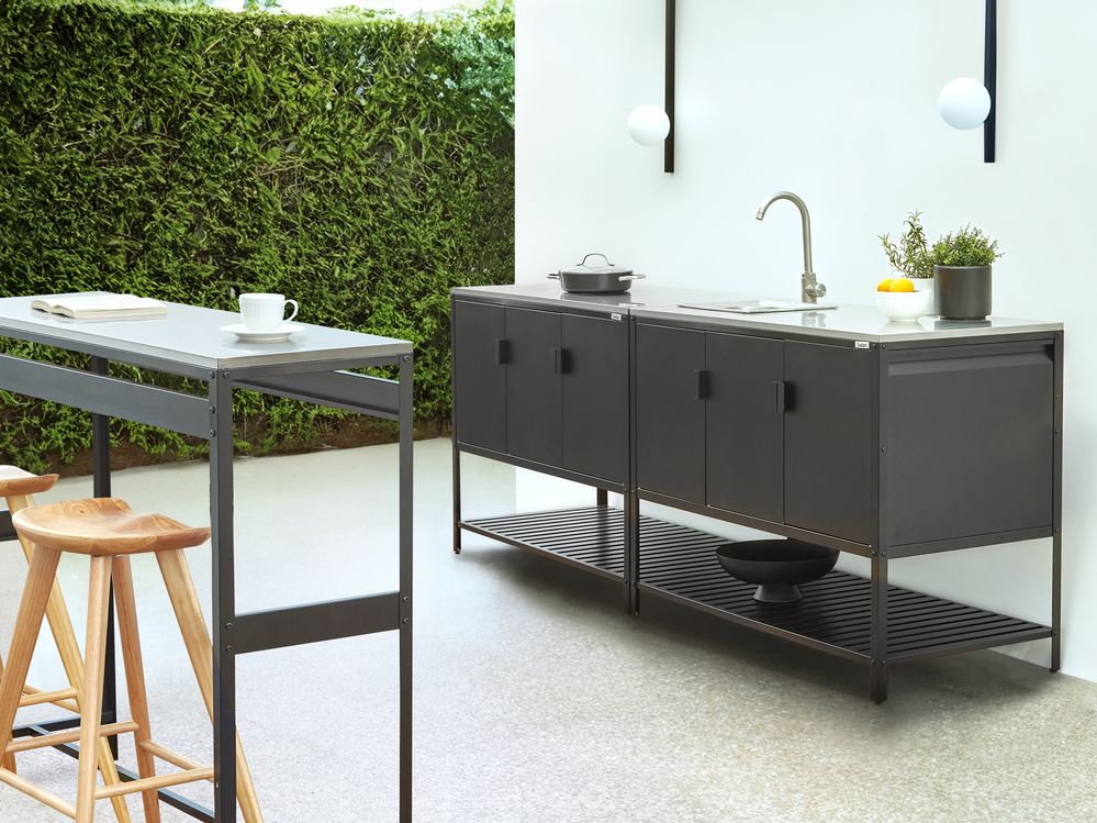 Armadietto da giardino in acciaio a 3 ante con piano in acciaio inox Nero giardino cucina esterno