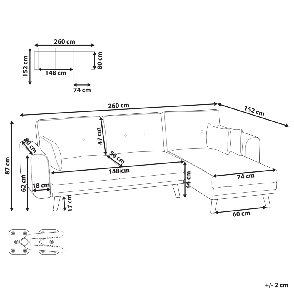 Divano angolare imbottito in tessuto marrone lato sinistro imbottito a forma di L con sedile imbottito e trapuntato e cuscini