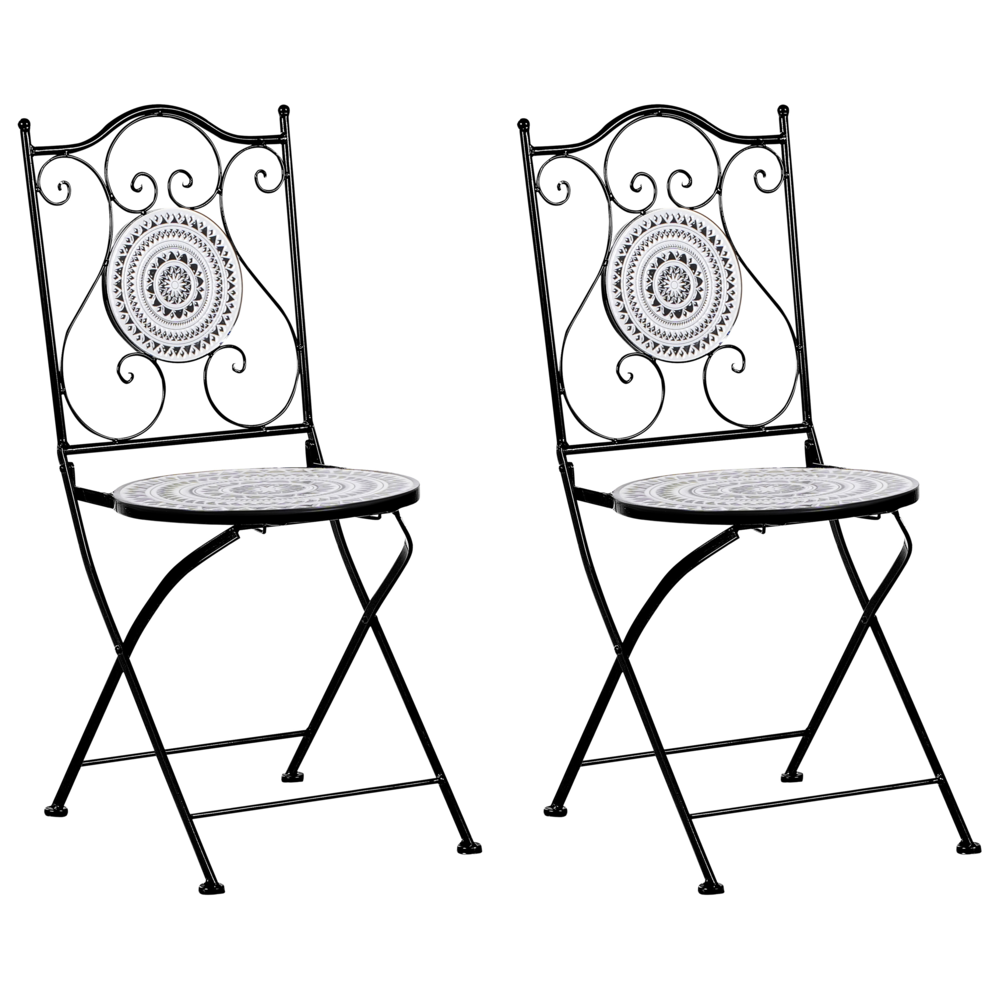 Set di 2 sedie pieghevoli da giardino in metallo con piastrelle in ceramica bianche e nere giardino esterno