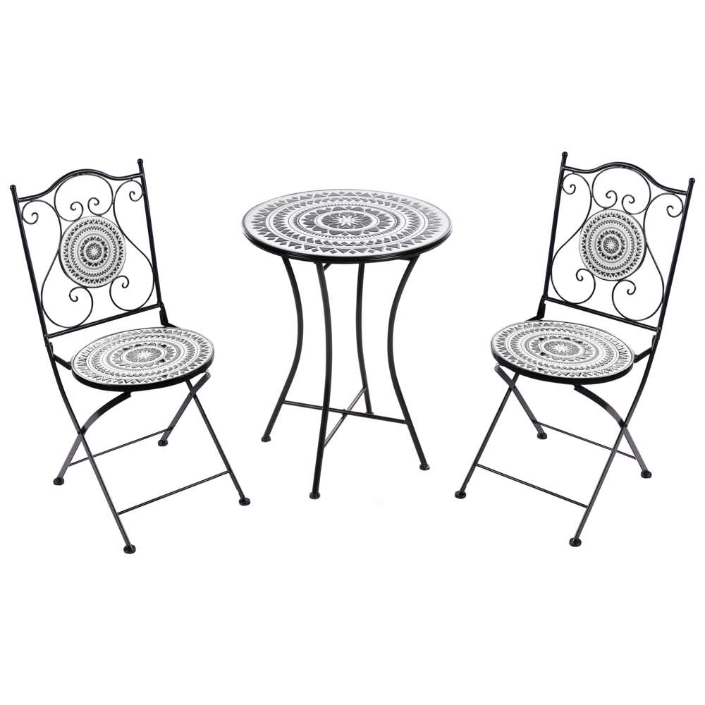 Set da balcone con tavolo e sedie pieghevoli in metallo e piastrelle in ceramica bianca e nera