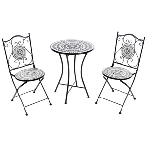 Set da balcone con tavolo e sedie pieghevoli in metallo e piastrelle in ceramica bianca e nera