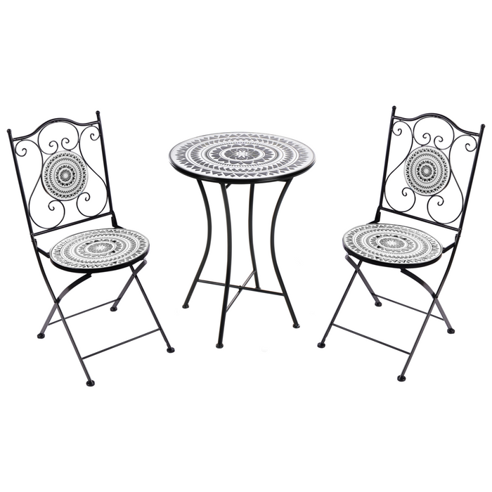 Set da balcone con tavolo e sedie pieghevoli in metallo e piastrelle in ceramica bianca e nera